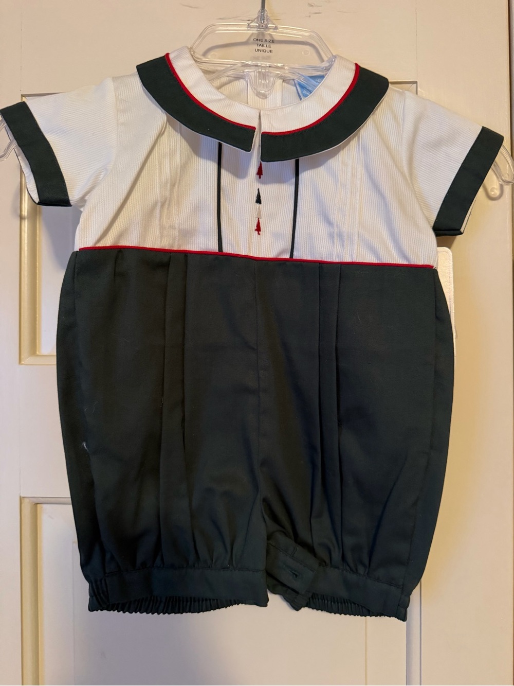 Vintage Classic Green and White Boys' Holiday Bubble Romper with Red Trim